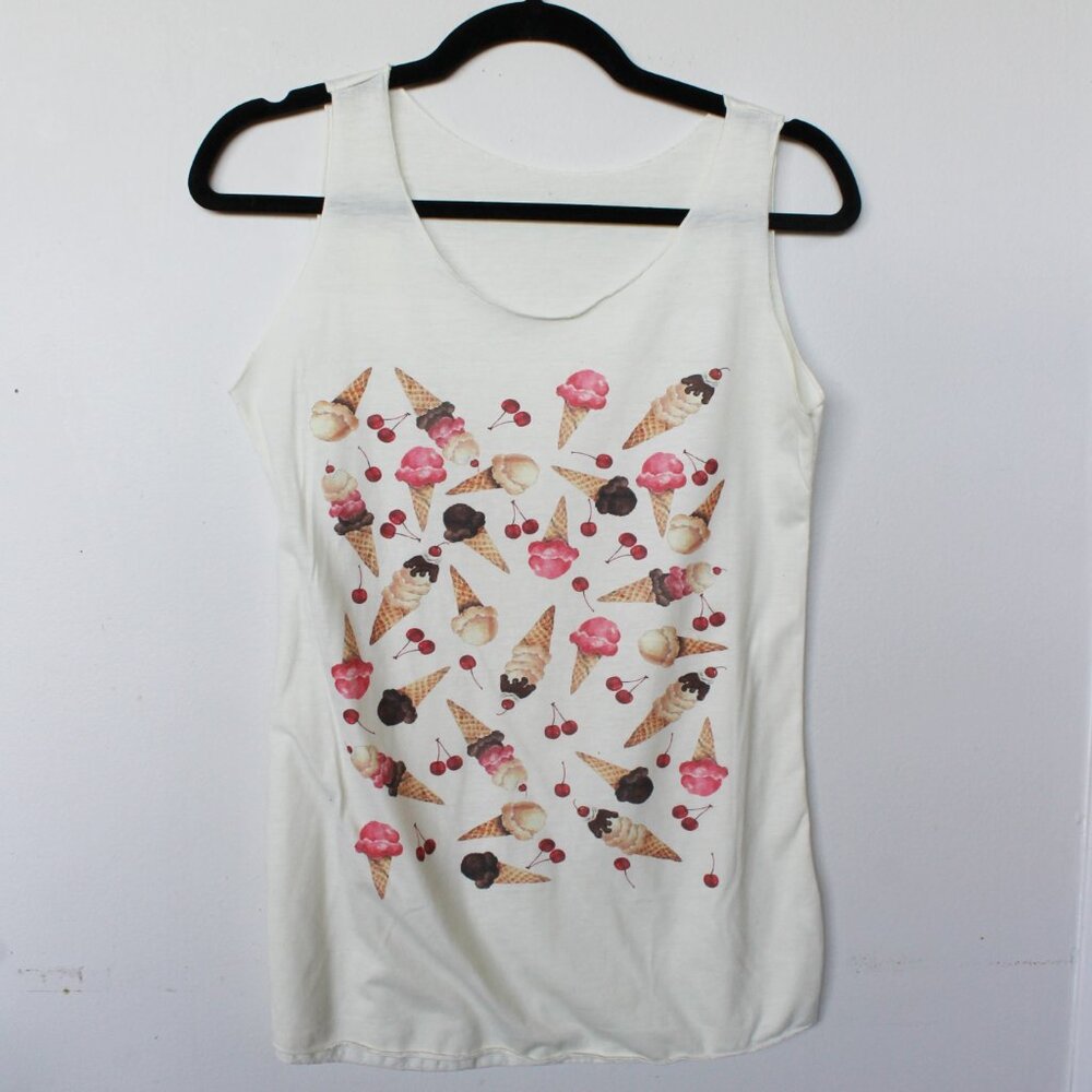 Digital Ice Cream Print Cream Raw Hem 100% Cotton Tank Top S/M
